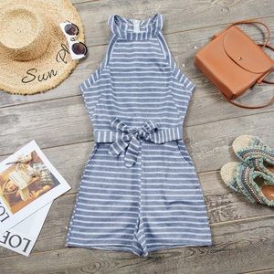 Medium blue and white striped romper